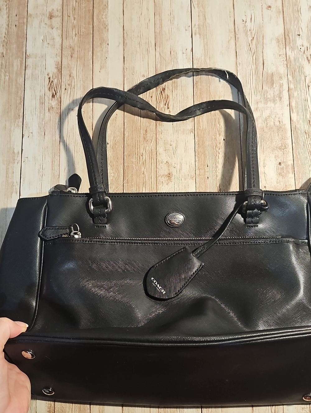Coach Black Leather Tote with Front Zip Pocket and Tag